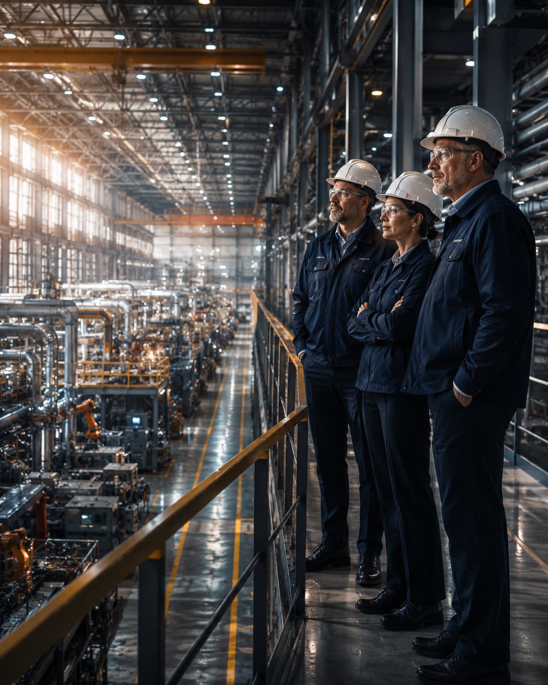 Ejecutivos industriales liderando transformación de excelencia operativa en planta de manufactura moderna